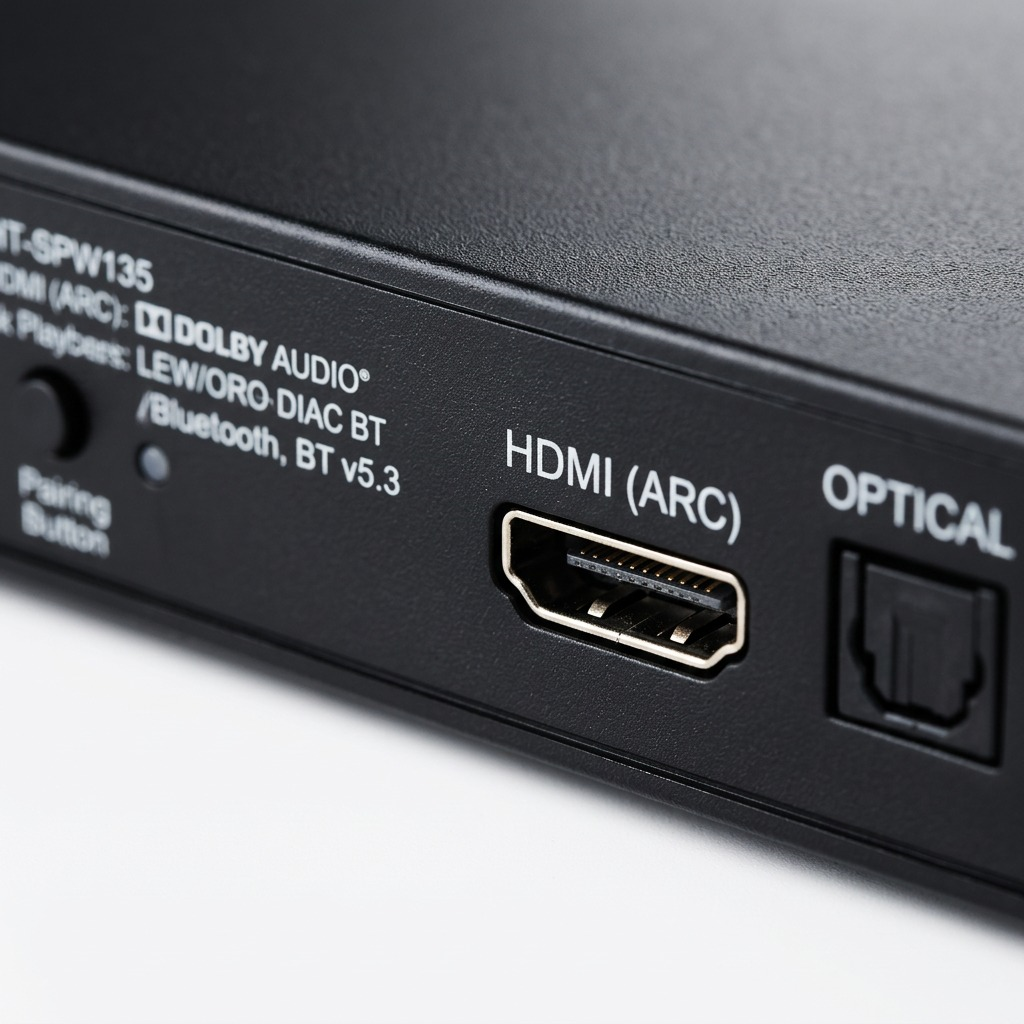 Macro photograph focusing on the connectivity ports and texture of the Sharp HT-SPW135 control box.