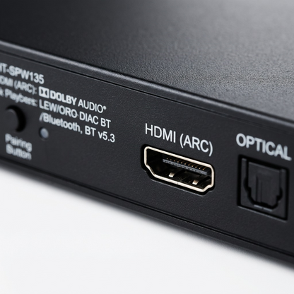 Macro photograph focusing on the connectivity ports and texture of the Sharp HT-SPW135 control box.