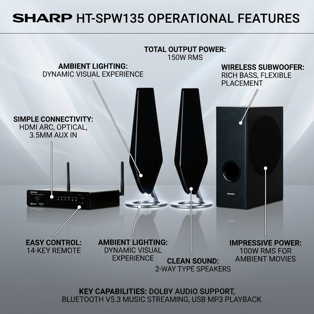 SHARP HT-SPW135 2.1ch system infographic detailing features like Ambient Light Speakers, Wireless Subwoofer, dynamic lighting, easy setup, clean sound, 150W total power, connectivity options like HDMI ARC, Optical, USB.