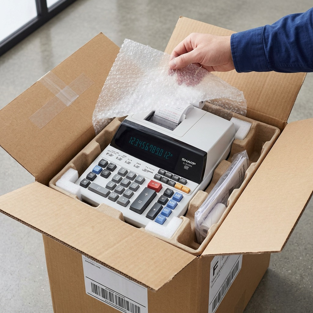 Sharp accounting calculator resting in robust cardboard and bubble packaging.