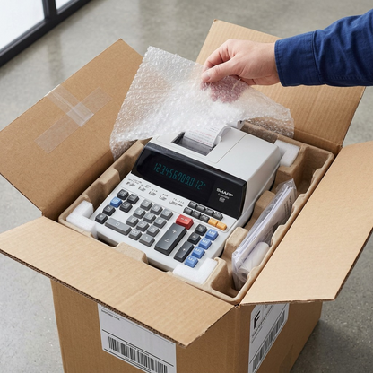 Sharp accounting calculator resting in robust cardboard and bubble packaging.