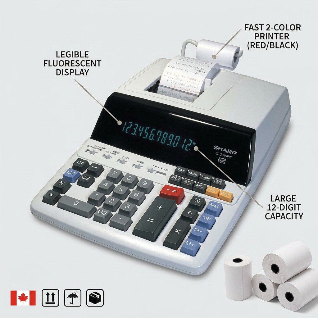 Ecommerce product feature callout showcasing the Sharp EL2615PIII fluorescent display and 2-color printer.