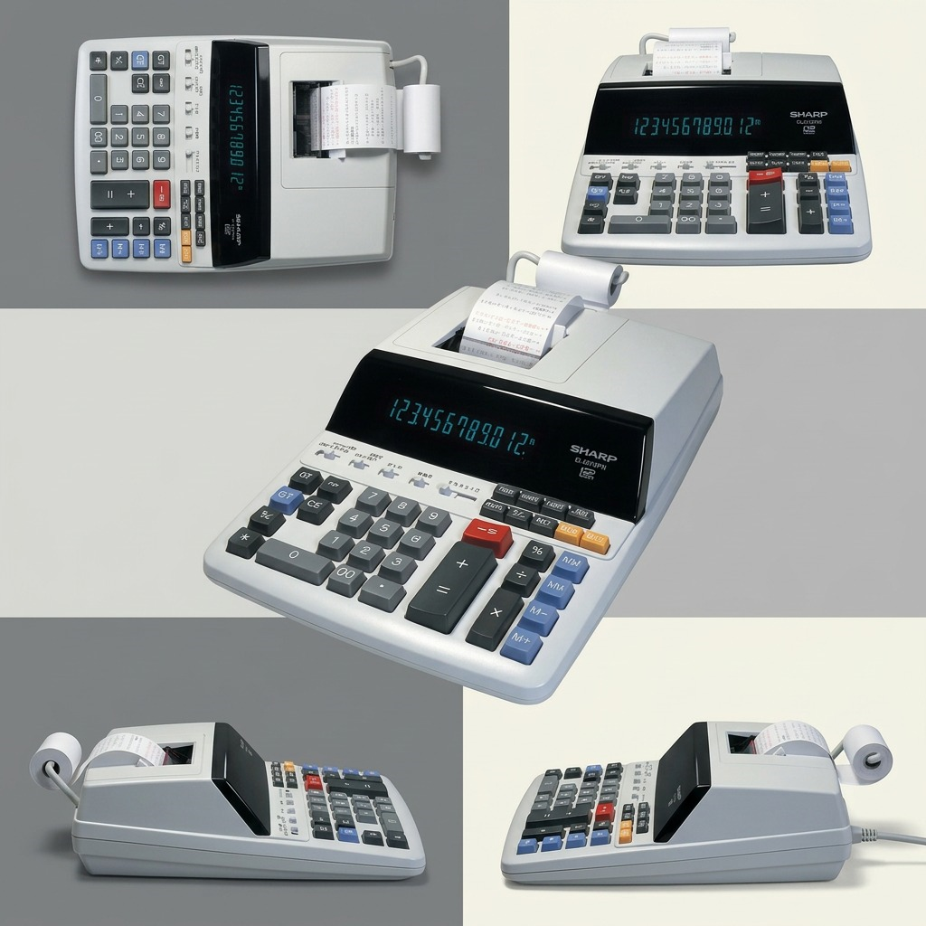 A visual matrix displaying the specified SHARP printing calculator from five different angles within a premium clean grid.