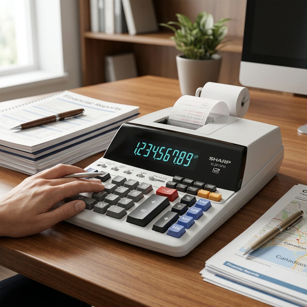 A Sharp EL2615PIII printing calculator in use on a wooden desk alongside professional notebooks and pens.