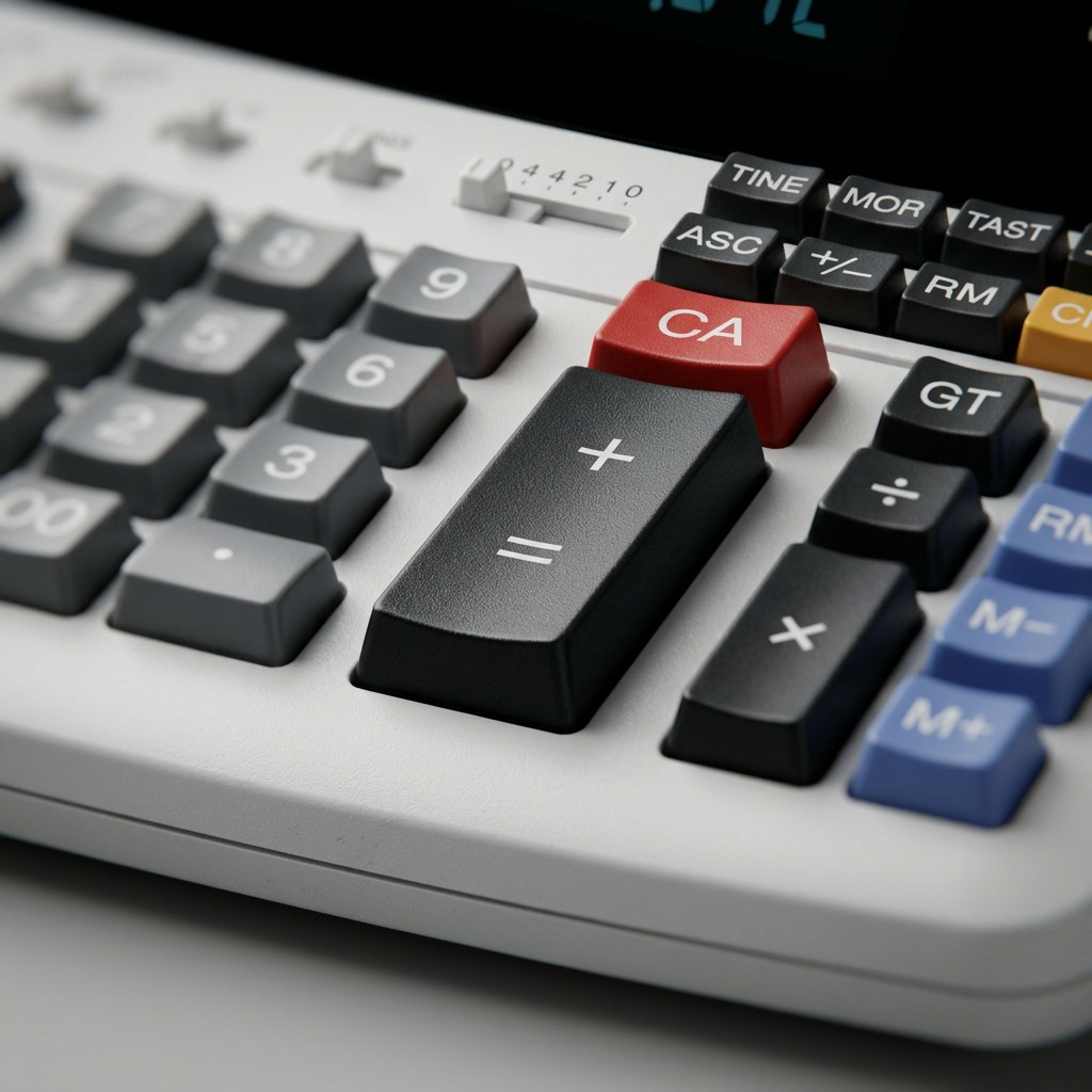 Detailed close-up of a calculator keyboard with various colored buttons and symbols.