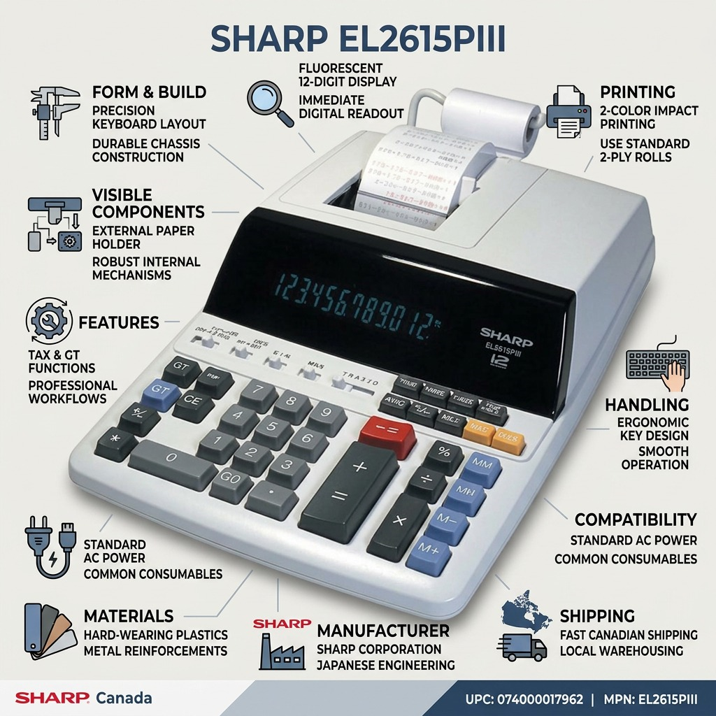 EL2615PIII infographic: features include 2-color printing, 12-digit display, and rapid Canadian shipping.
