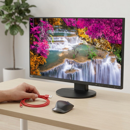 A lifestyle shot of the 27-inch NEC EA271U-BK monitor on a wooden desk, scaled relative to a human hand and a standard optical mouse.