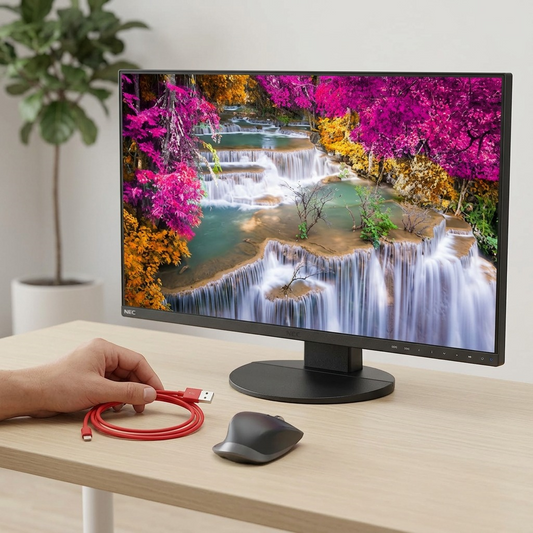 A lifestyle shot of the 27-inch NEC EA271U-BK monitor on a wooden desk, scaled relative to a human hand and a standard optical mouse.