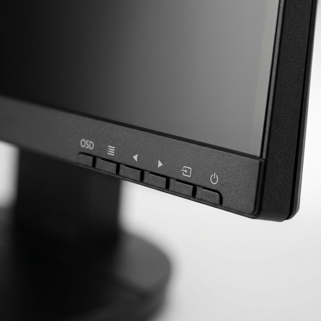 Macro photography detail on bottom-right OSD buttons and bezel markings of NEC 27in 4K Monitor.