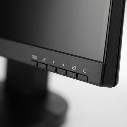 Macro photography detail on bottom-right OSD buttons and bezel markings of NEC 27in 4K Monitor.
