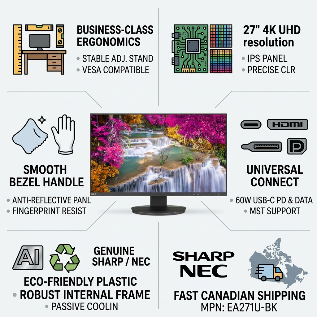 Product image matrix for the Sharp/NEC EA271U-BK monitor highlighting 4K, USB-C, and ergonomic design.