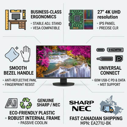 Product image matrix for the Sharp/NEC EA271U-BK monitor highlighting 4K, USB-C, and ergonomic design.