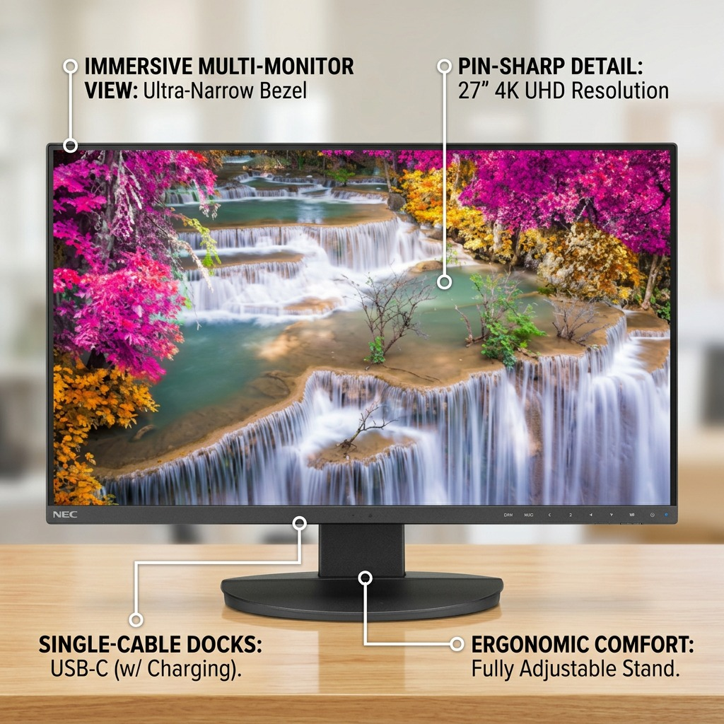 A fact-based PDP infographic for the EA271U-BK monitor with four clean operational feature callouts.