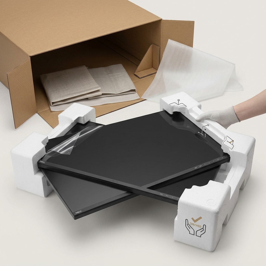 A close-up shot of a pristine neck, protected by molded foam, being gently lifted from a shipping box.