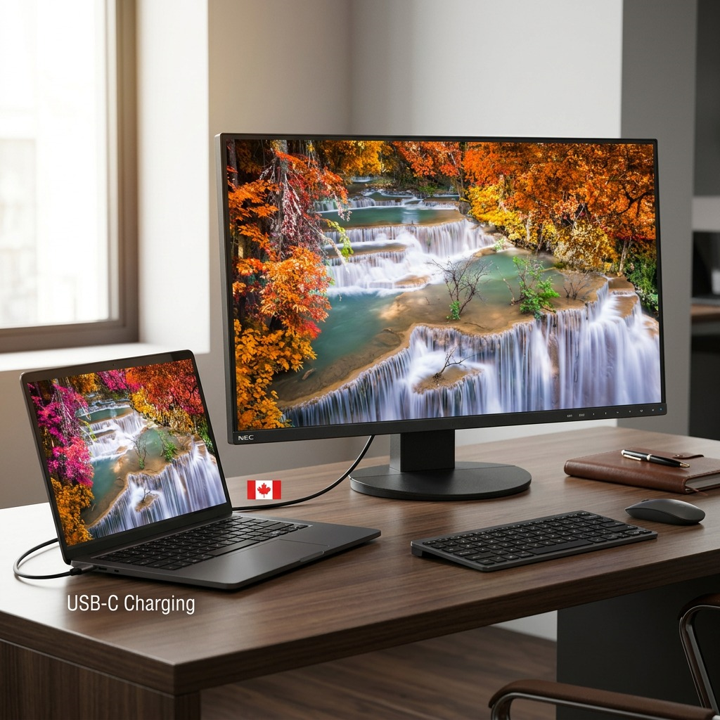 A detailed product shot of the SHARP NEC EA271U-BK monitor in a sophisticated office setup.