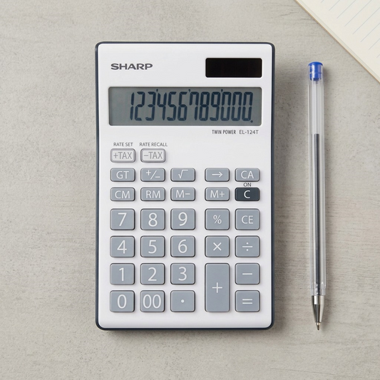 A scale reference image showing the Sharp EL124TGY calculator beside a standard-sized ballpoint pen.