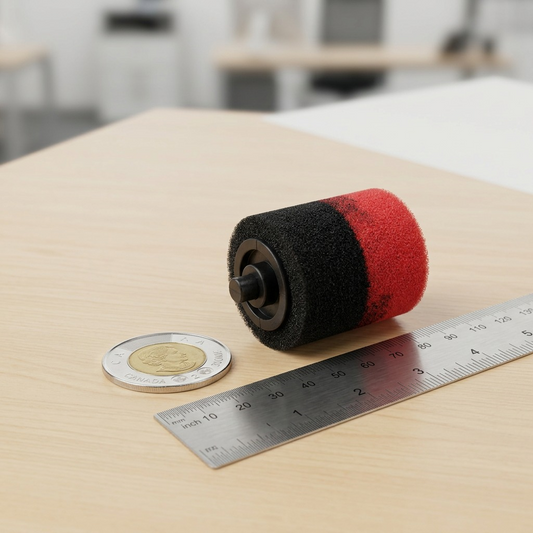 A detailed scale reference shot shows the SHARP EA781RBK ink roller placed next to a realistic Canadian two-dollar coin for size comparison, on a clean wooden desk surface.
