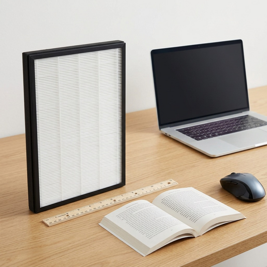 SHARP Canada True HEPA Filter beside common items, showing its compact, precise dimensions.
