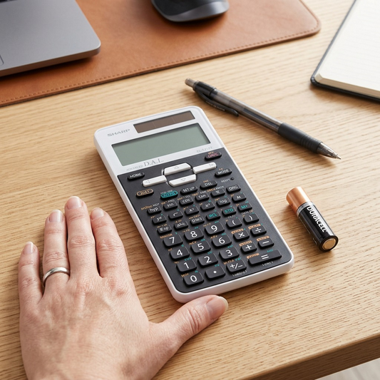 A Sharp EL-531XT calculator next to a standard AA battery and a human thumb, illustrating its scale.