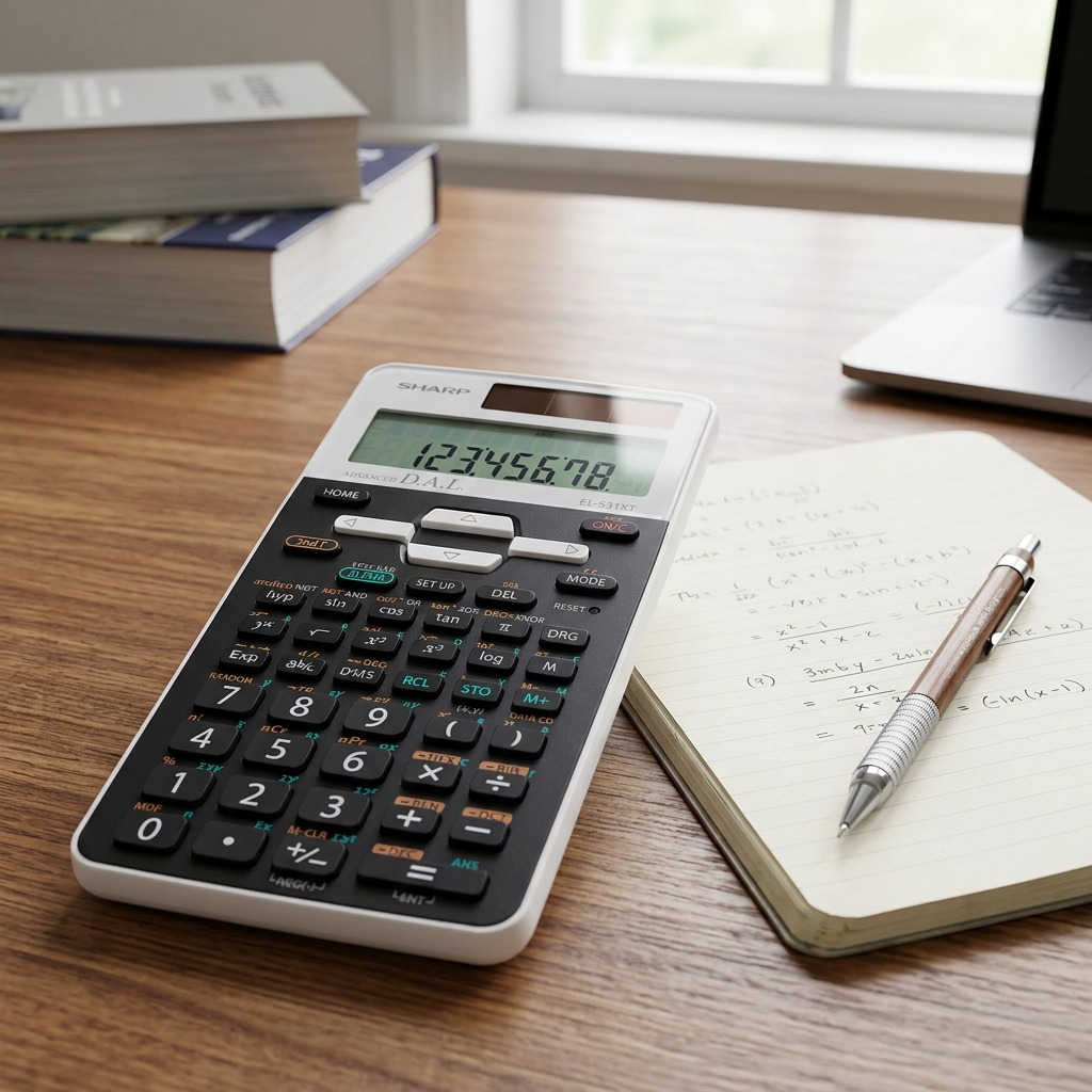In-use context view of Sharp EL531XTWH calculator on academic desk by notebook and pen.