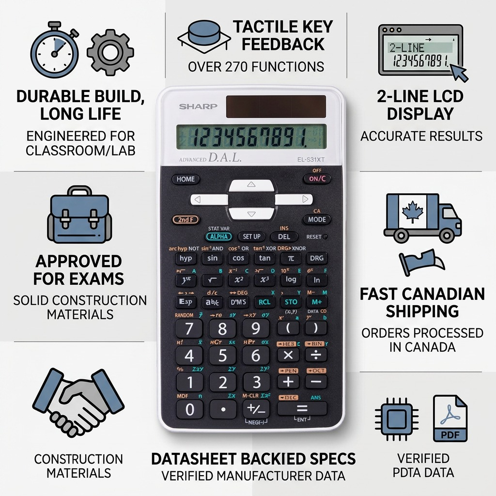 A factual trust infographic for the SHARP EL531XTWH calculator with performance features and shipping info.
