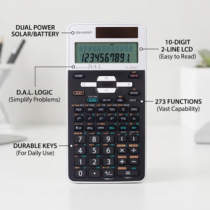 Feature infographic for Sharp EL531XTWH calculator, showcasing functions, display, and dual power.
