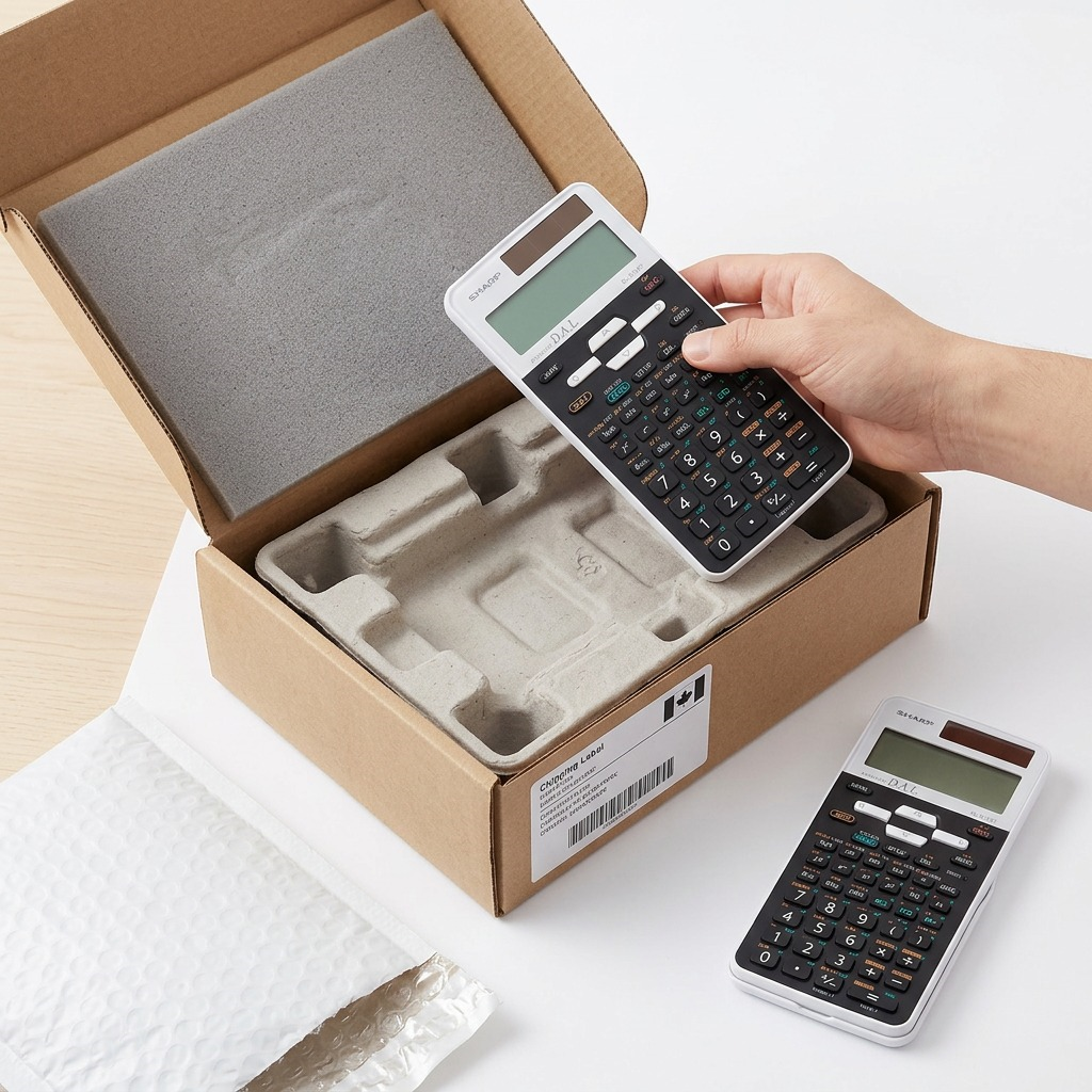 Unboxing a Sharp EL-531XT calculator, secured in foam padding within a plain cardboard shipping box on a wooden desk.