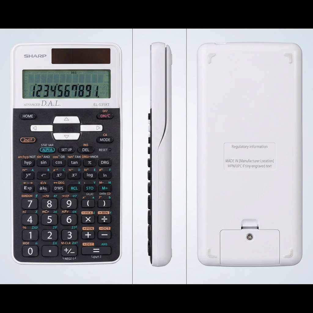 A 3-image grid displaying the Sharp EL531XTWH calculator from a front, side, and rear perspective.