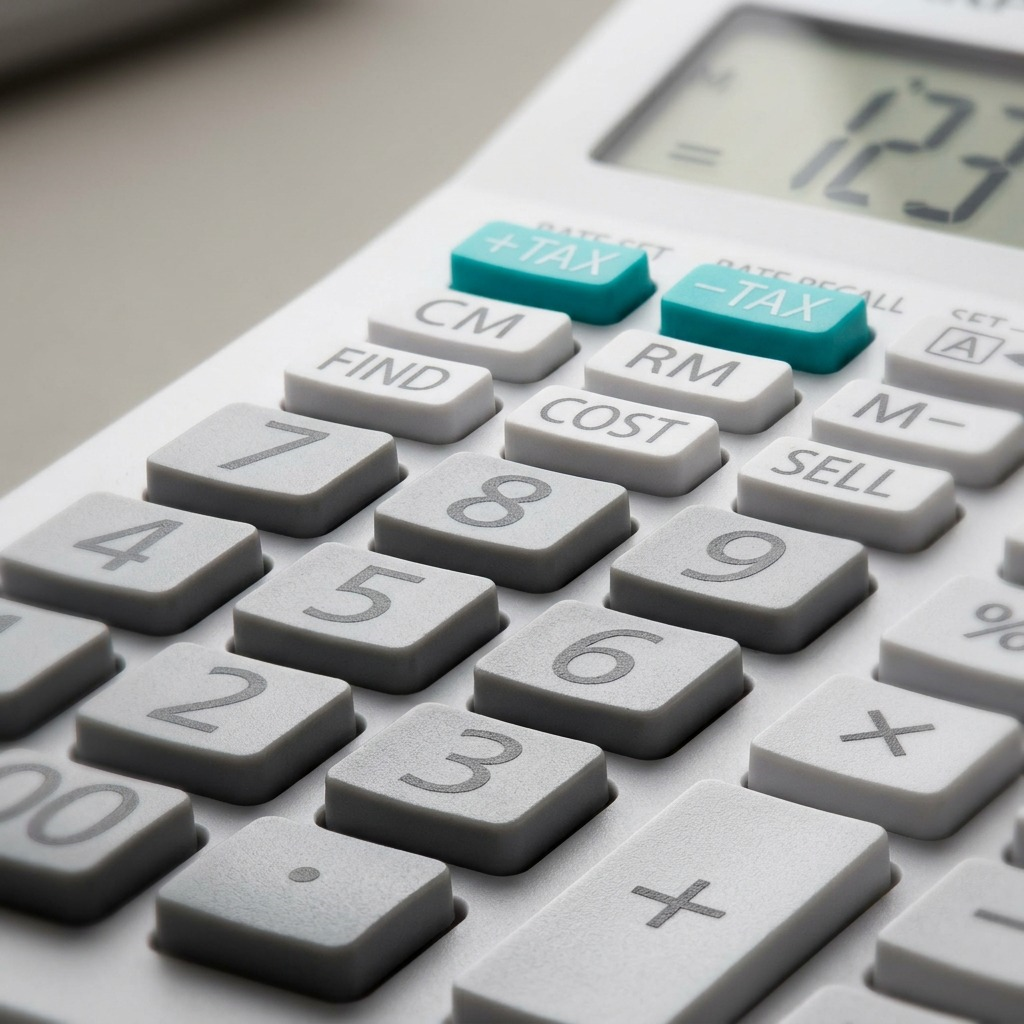 Macro detail shot of the Sharp EL330W calculator keyboard, showing textured buttons and clear legibility.
