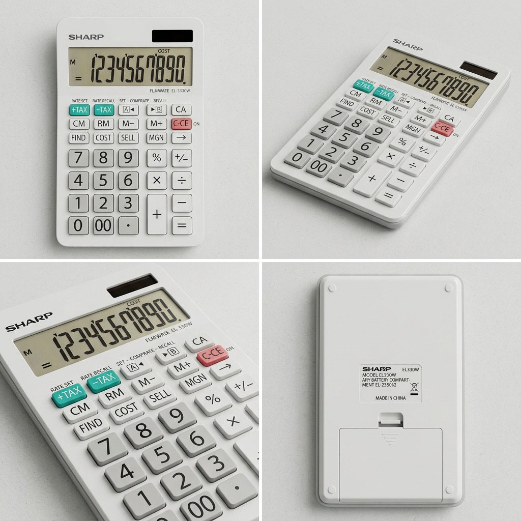 A matrix of four distinct views for the SHARP EL330W calculator, displaying it from various top, side, and angled perspectives on a professional grey grid. The calculator shape, white casing, grey and teal buttons, display, and 'SHARP' logo are meticulously preserved across all panels with consistent, realistic lighting. No text or logos overlaid on the composition.