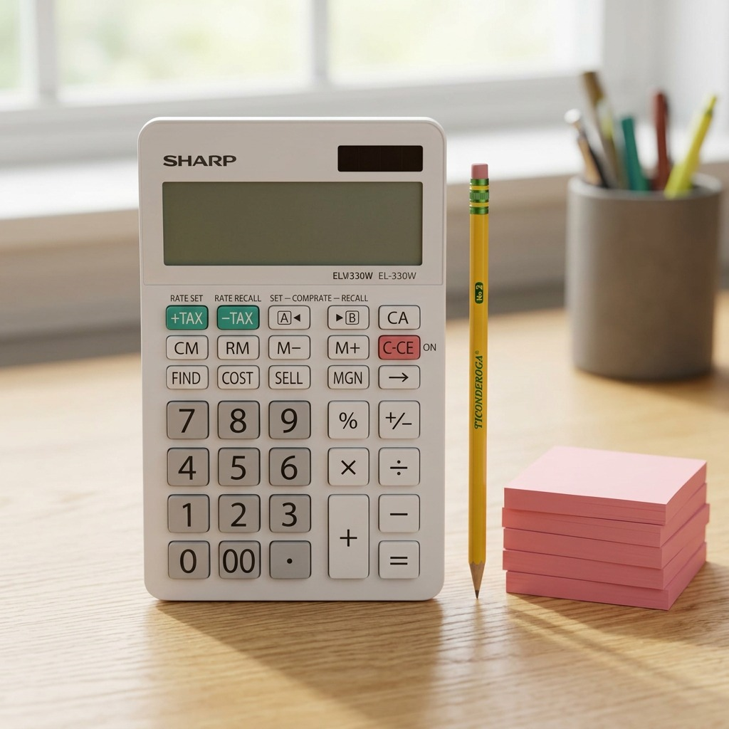 Product image displaying the SHARP EL330W calculator on a desk next to a pencil and standard sticky notes for size comparison.