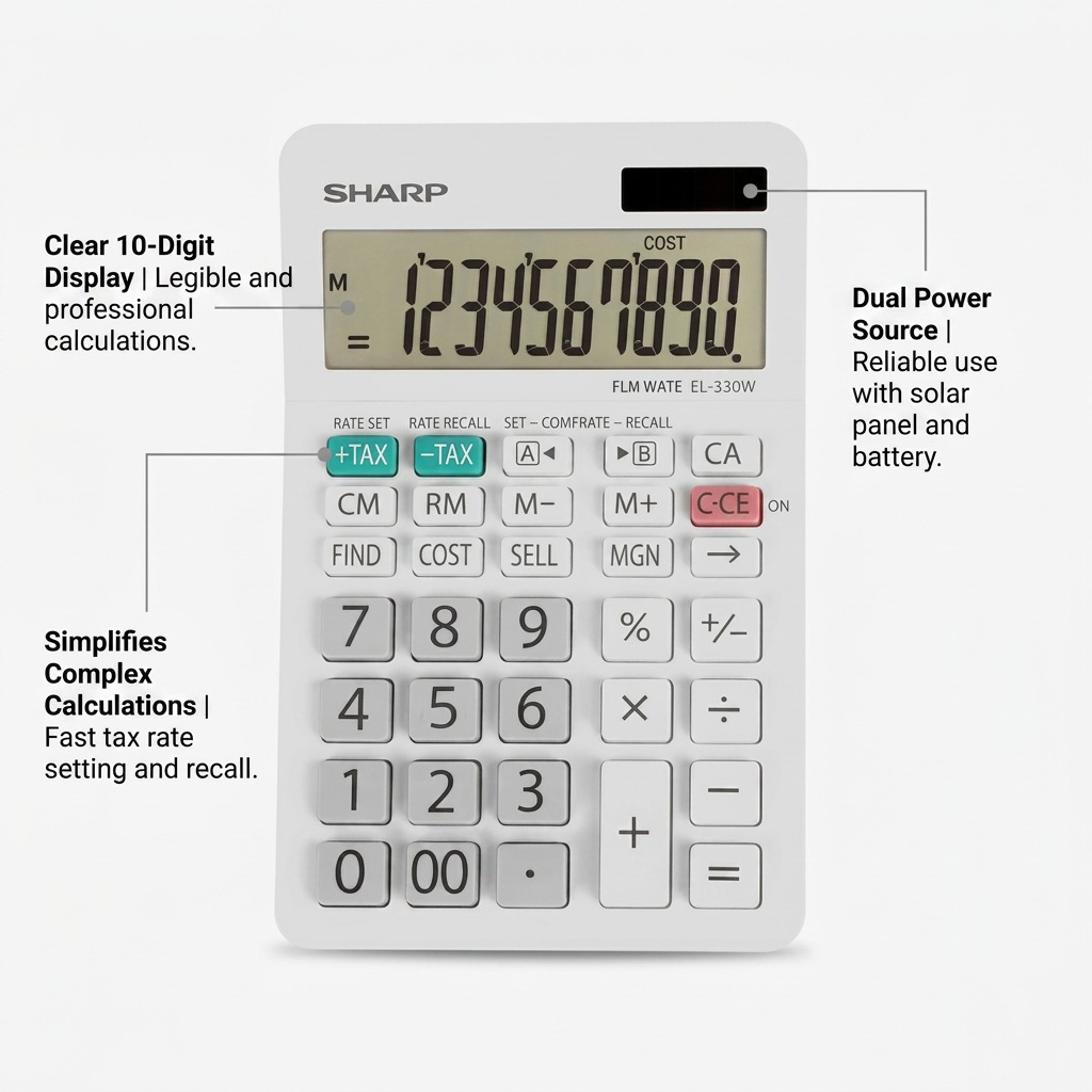An e-commerce feature graphic showcasing key benefits of the SHARP EL330W calculator.