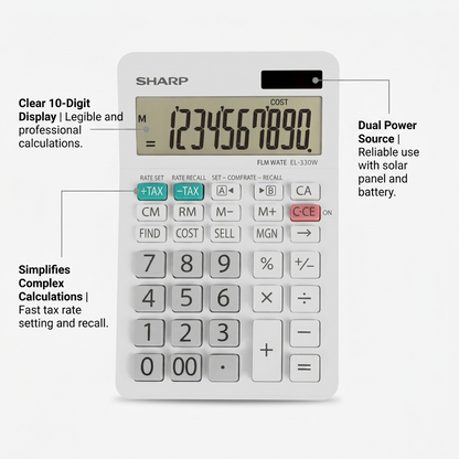 An e-commerce feature graphic showcasing key benefits of the SHARP EL330W calculator.