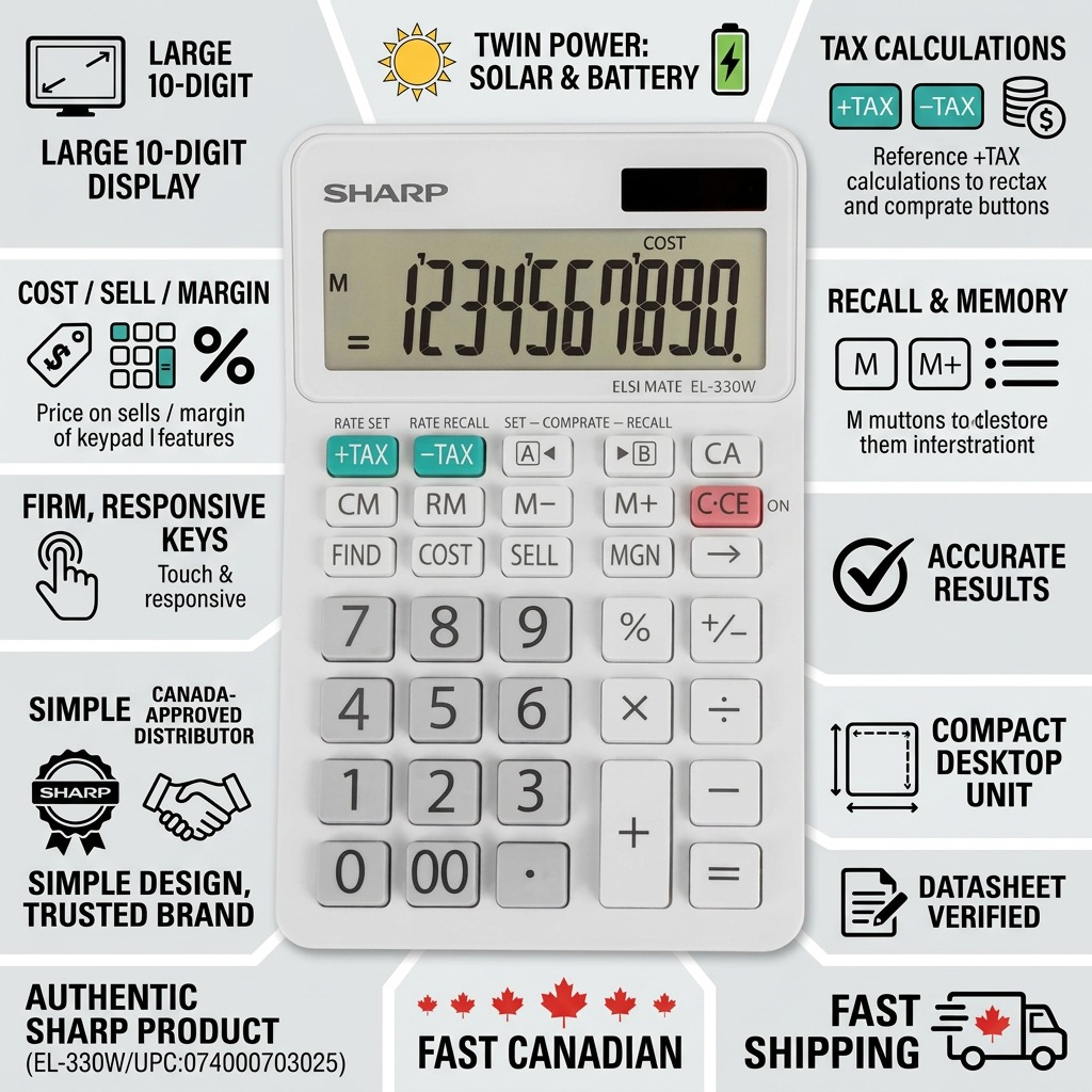 Infographic for SHARP EL330W calculator, highlighting trustworthy features, compact design, and fast Canadian shipping.