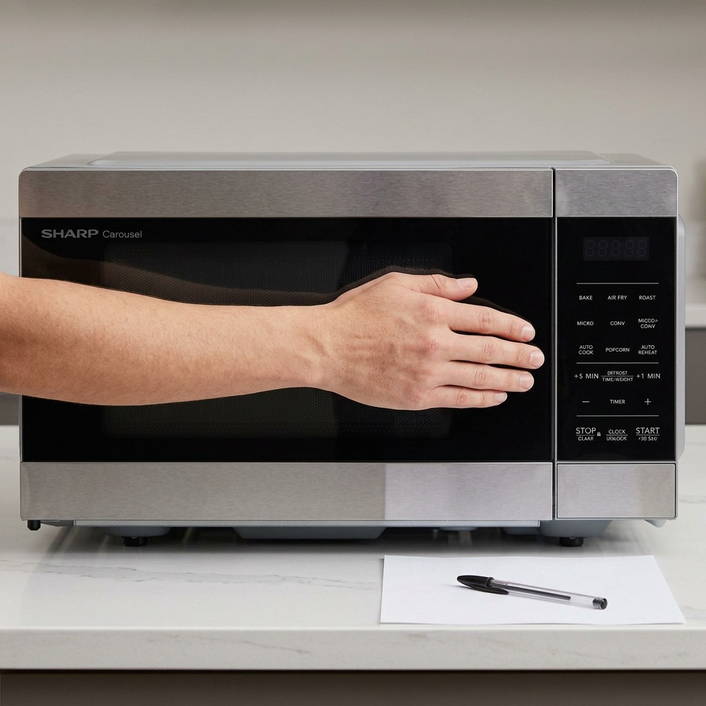 Scale reference of the Sharp SMC0985KSC 0.9 cu. ft. microwave shown beside a hand and pen for size.