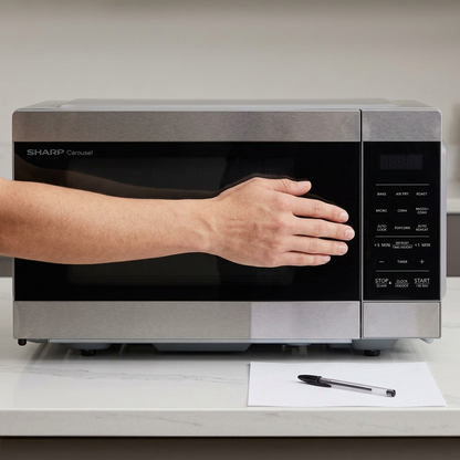 Scale reference of the Sharp SMC0985KSC 0.9 cu. ft. microwave shown beside a hand and pen for size.