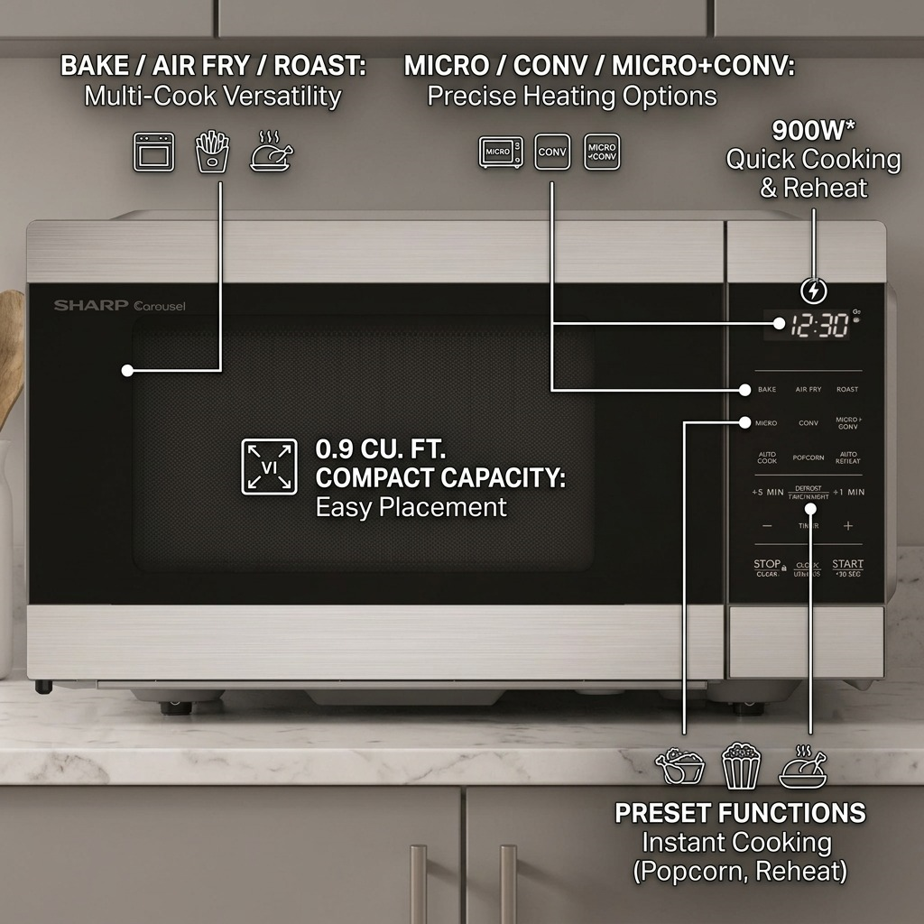 Feature graphic of Sharp SMC0985KSC 3-in-1 microwave highlighting air fry, convection, and 900W power.