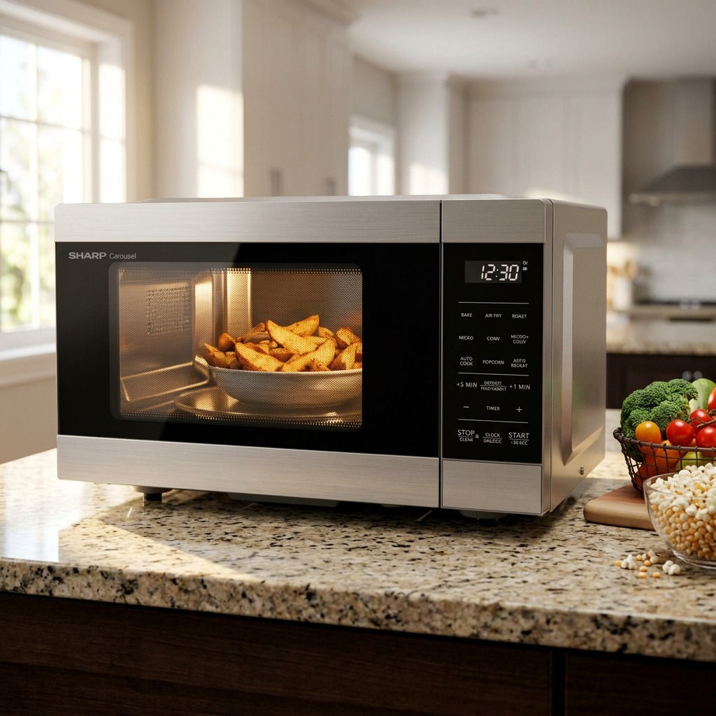 Sharp SMC0985KSC 3-in-1 convection microwave and air fryer on a kitchen counter air frying wedges.