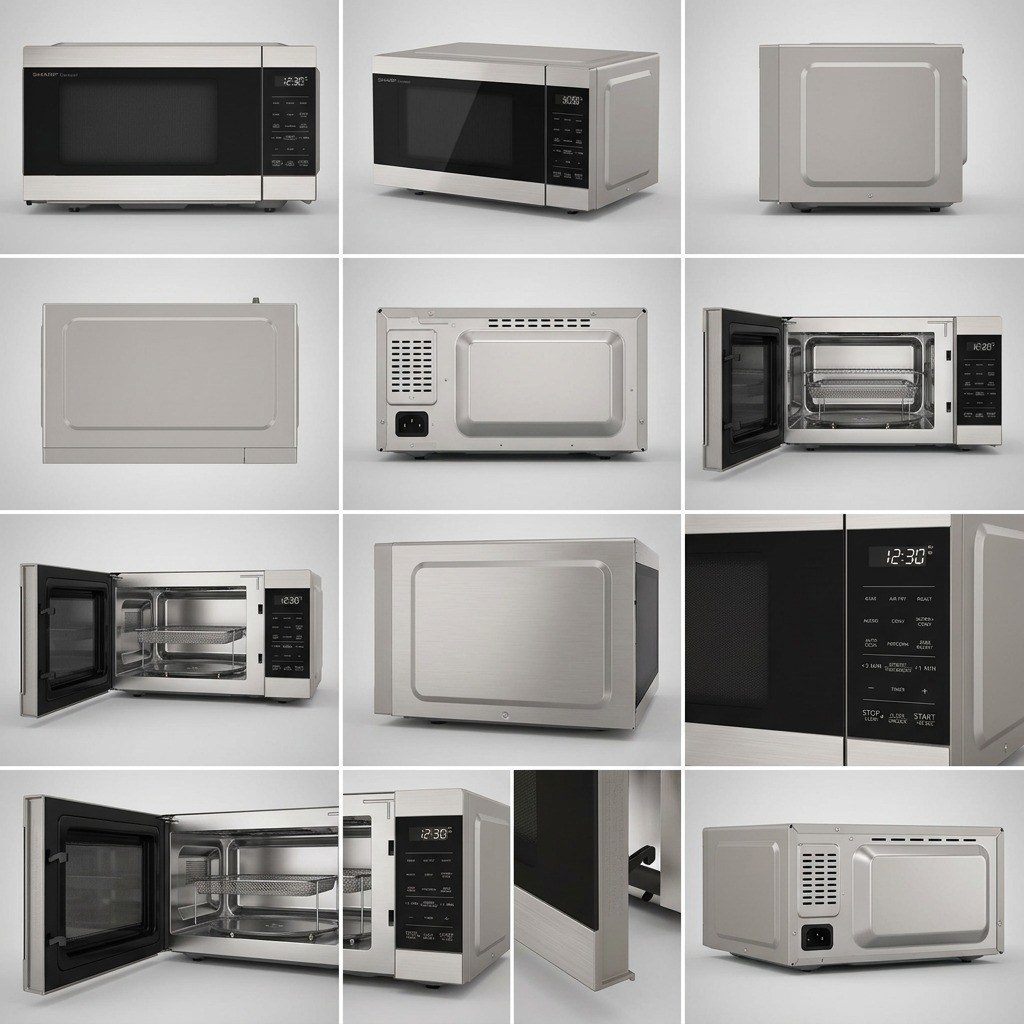 Grid showing Sharp SMC0985KSC 3-in-1 Microwave Air Fryer from multiple exterior and interior angles.