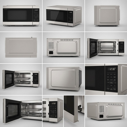 Grid showing Sharp SMC0985KSC 3-in-1 Microwave Air Fryer from multiple exterior and interior angles.