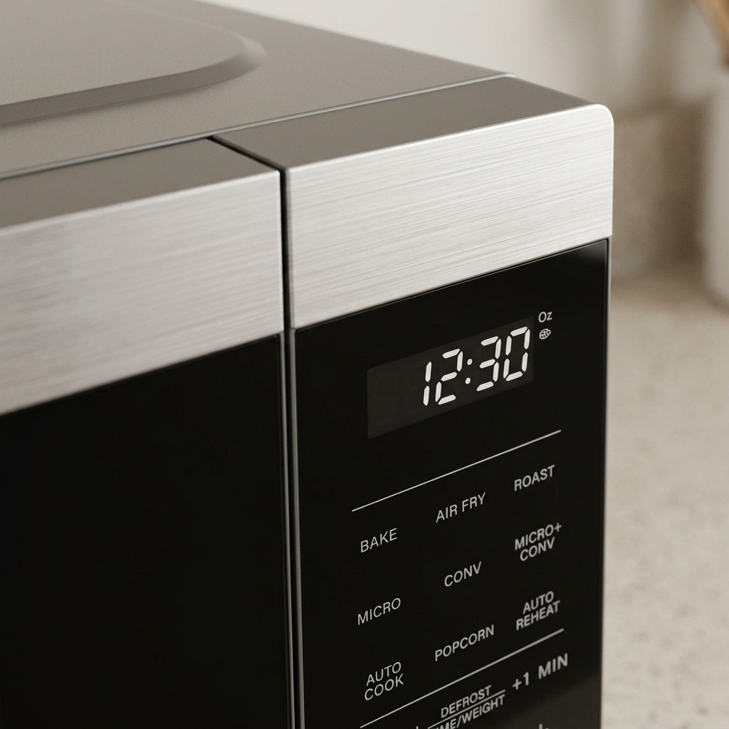 Close-up of the Sharp SMC0985KSC control panel showing the digital clock and brushed metal finish.