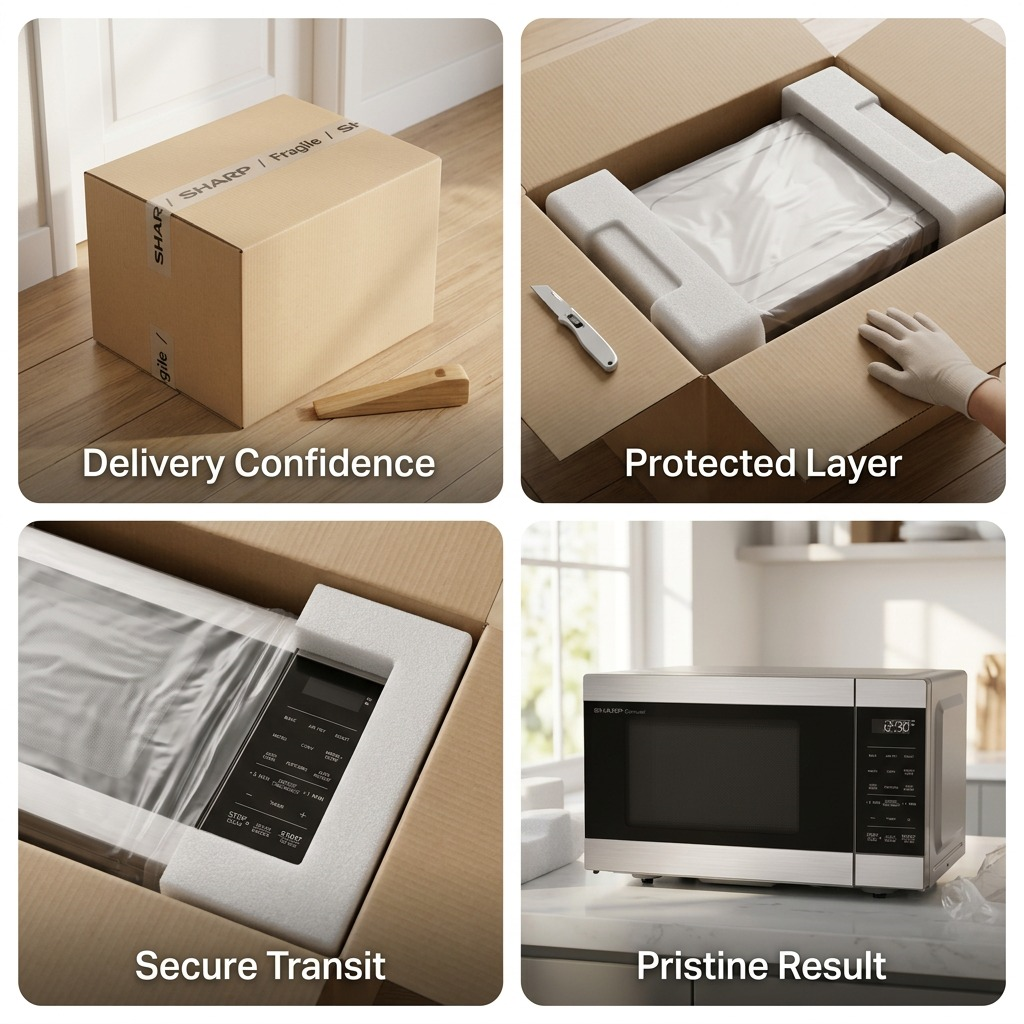 Unboxing the Sharp SMC0985KSC 3-in-1 microwave, showing secure foam padding and pristine delivery.