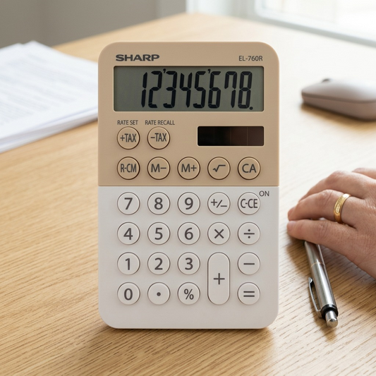 A sharp pencil rests next to the calculator on a desktop, providing a size reference.