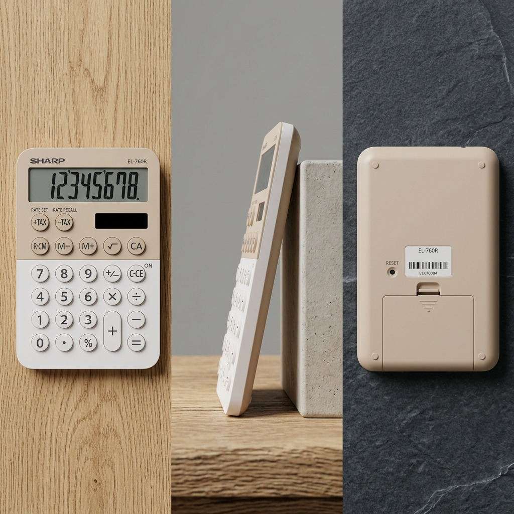 A matrix of three images displaying a beige-and-white Sharp EL760R calculator from front, side, and rear angles on a textured, grey desktop.