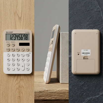A matrix of three images displaying a beige-and-white Sharp EL760R calculator from front, side, and rear angles on a textured, grey desktop.