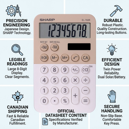 Infographic for SHARP EL760R calculator, highlighting features like durability, precision engineering, and Canadian shipping.