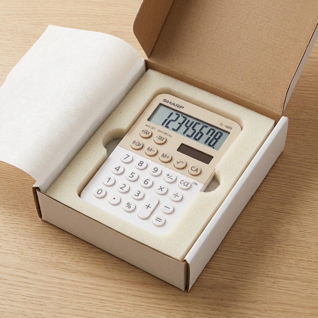 A secure unboxing scene showing the SHARP EL760RLA calculator nestled in protective reusable foam insert.