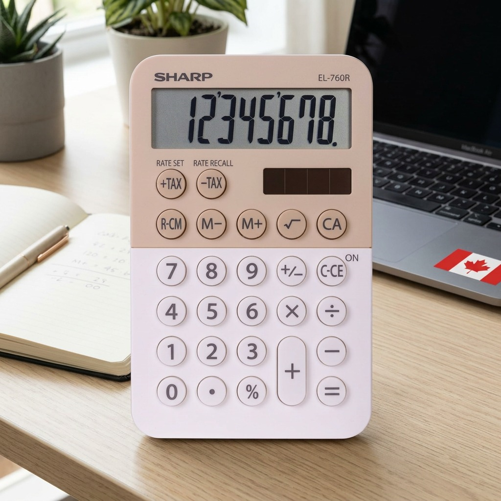 A lifestyle image of the Sharp EL760R calculator on a home office desk with a notebook and laptop.