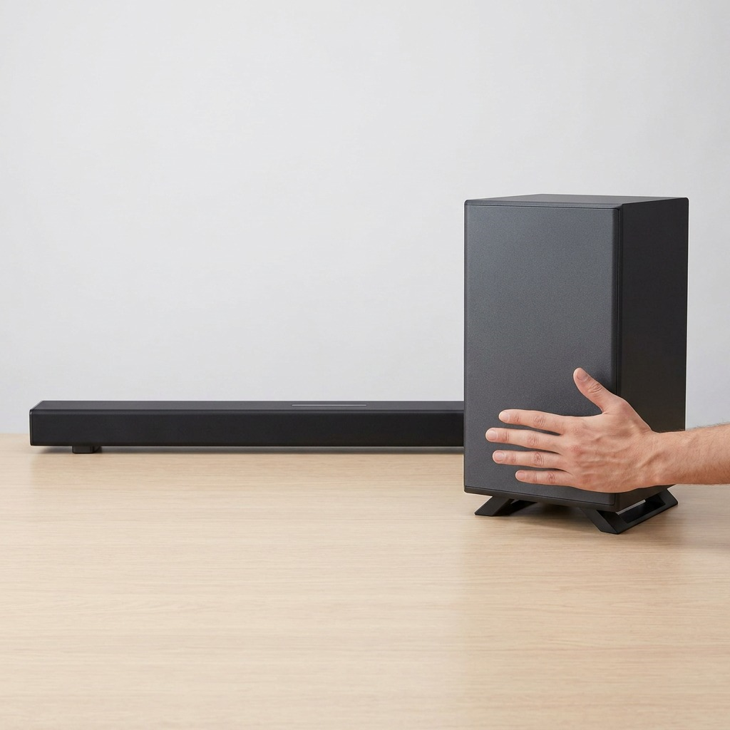 A 3.1.2 soundbar and wireless subwoofer are compared for size next to a human hand on a wooden desk.