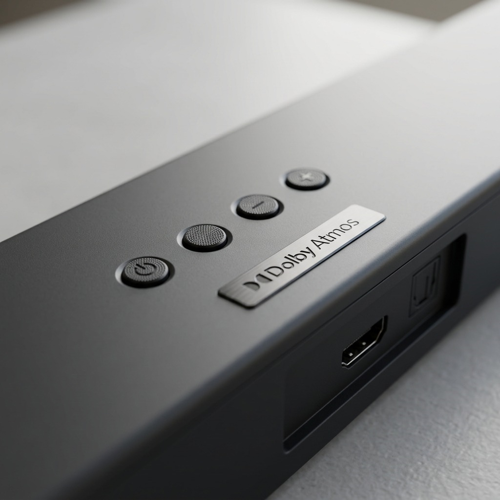 A macro view of the soundbar, featuring detailed power, volume, and input buttons, along with visible HDMI and optical ports.